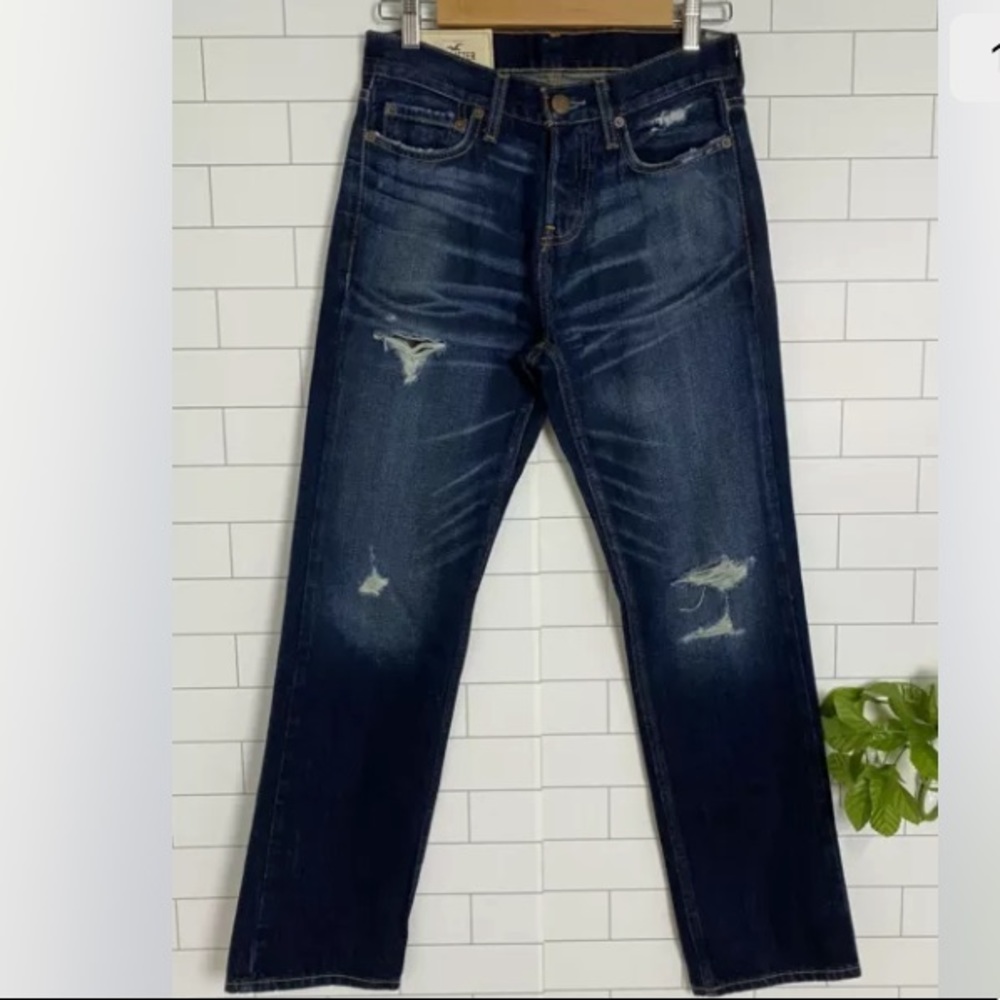 Hollister Classic Straight Jeans Button Fly 26x30 Dark Wash Destroyed Denim